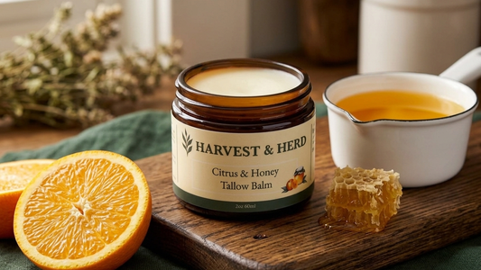 Open jar of Harvest & Herd Citrus & Honey Tallow Balm on an oak board beside a pot of golden rendered tallow, honeycomb, and a halved orange