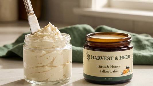 Unlabeled jar of whipped tallow balm with airy peaks and a butter knife beside an open jar of dense Harvest & Herd Citrus & Honey Tallow Balm