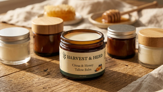 Open jar of Harvest & Herd Citrus & Honey Tallow Balm front and center on a farmhouse table among assorted unlabeled balm jars