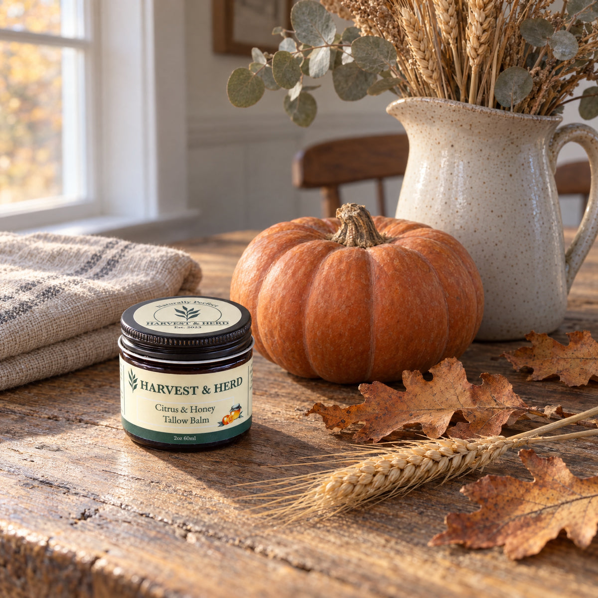 A small jar of Citrus & Honey Tallow Balm on an oak table by a window, next to a pumpkin, a pitcher of dried wheat and eucalyptus, and oak leaves